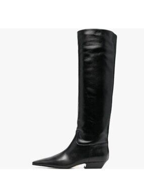miss left Women Closed Square Toe Knee High Boot Wide Calf Low Chunky Heels
